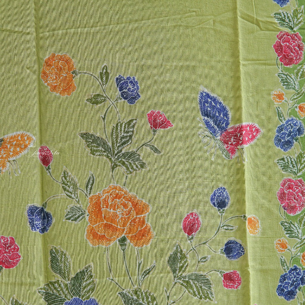 JavaPitu - Sarung Batik Cap Rayon Paris Handmade - Bunga Mawar LimeGarden