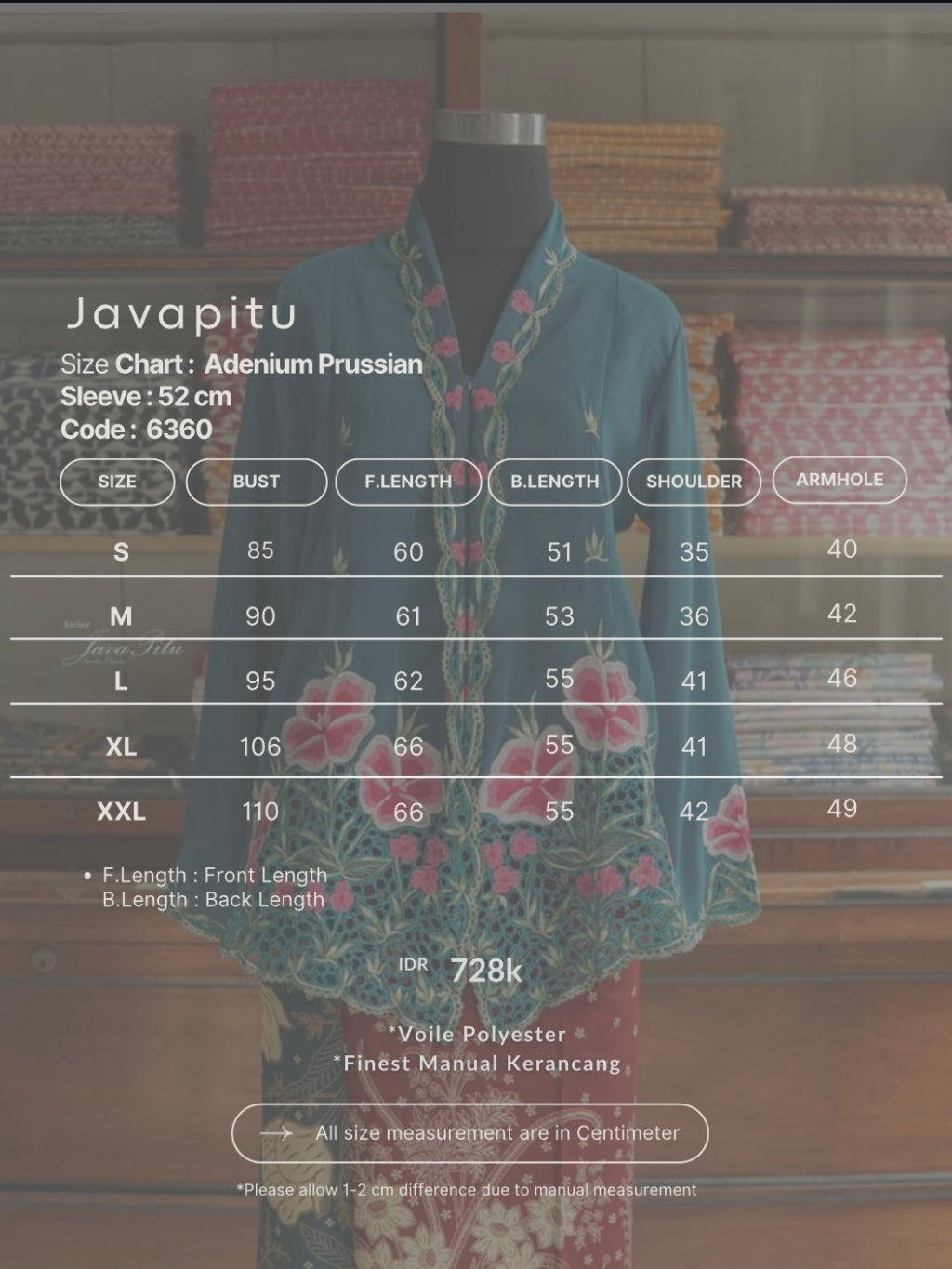 JavaPitu - Kebaya Adenium Prussian Blue - Handmade Kerancang - 6360