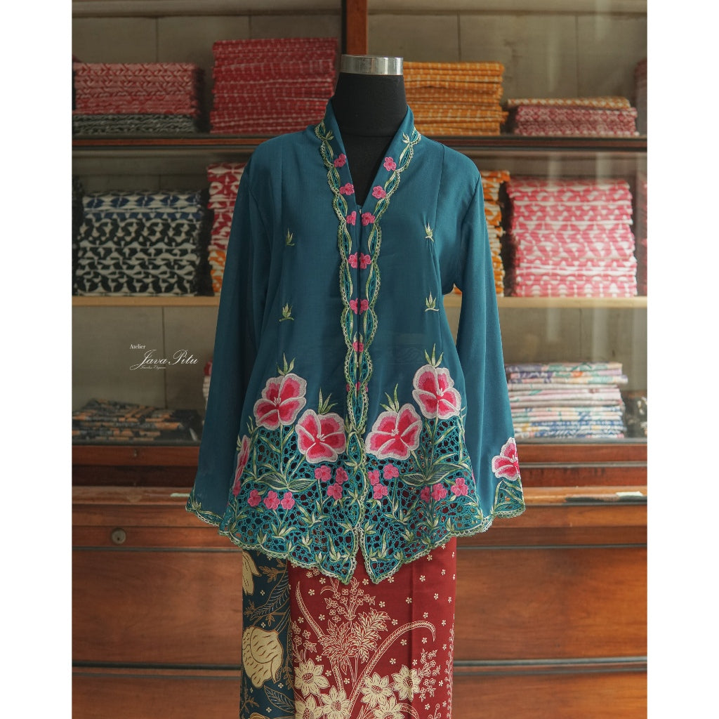 JavaPitu - Kebaya Adenium Prussian Blue - Handmade Kerancang - 6360