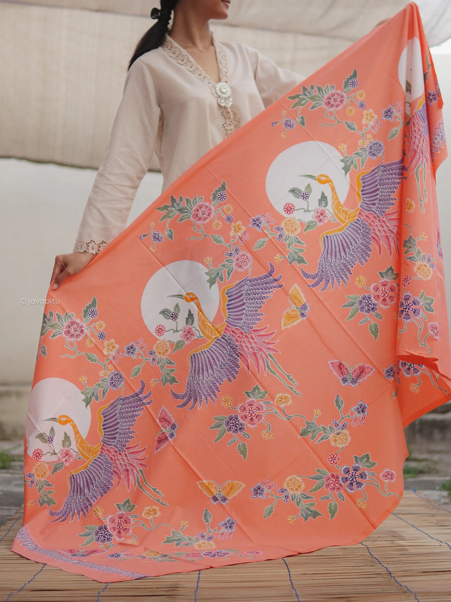 Batik Cap Tradisional - Dancing Peacock peach - Javapitu