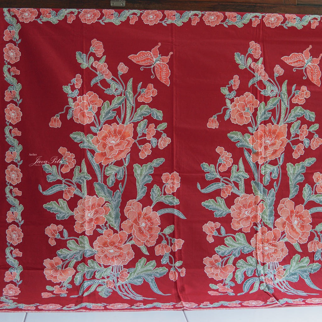 JavaPitu - Kain Batik Cap Kombinasi Red Magnolia - Merah - 6433