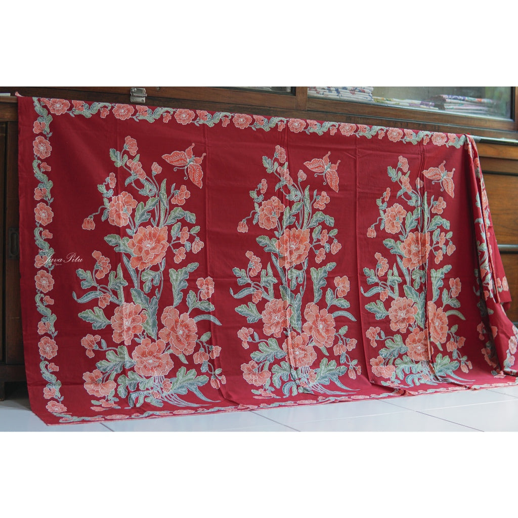 JavaPitu - Kain Batik Cap Kombinasi Red Magnolia - Merah - 6433