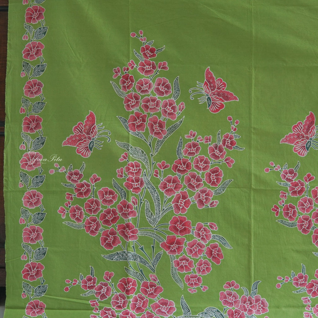JavaPitu - Kain Batik Cap Kombinasi Bunga Sakura - Hijau pupus - 6432