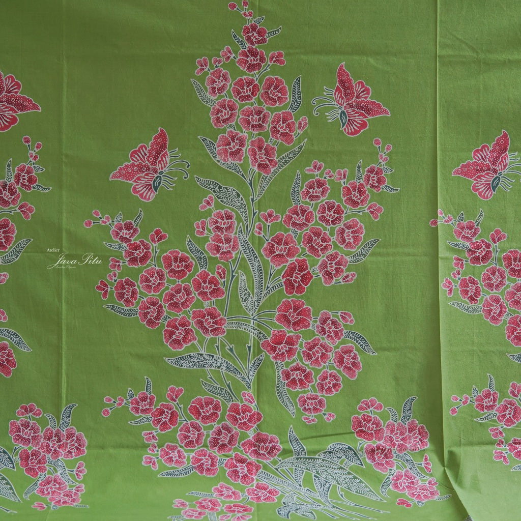 JavaPitu - Kain Batik Cap Kombinasi Bunga Sakura - Hijau pupus - 6432