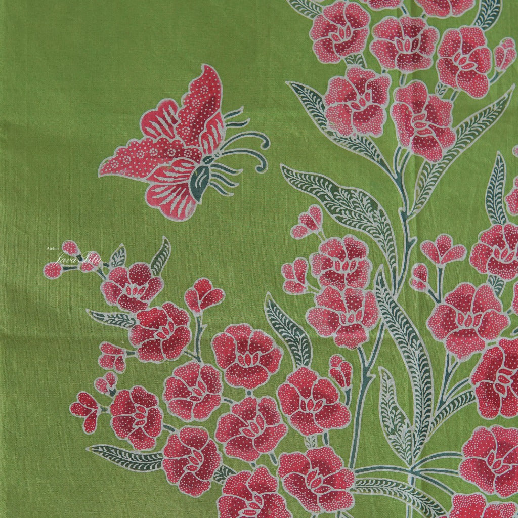 JavaPitu - Kain Batik Cap Kombinasi Bunga Sakura - Hijau pupus - 6432