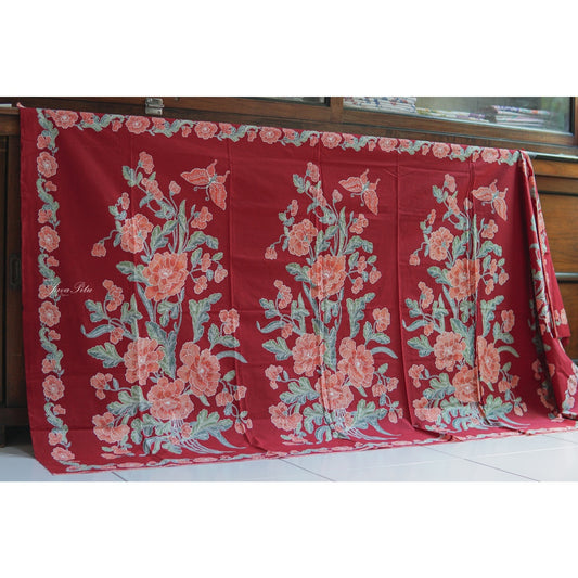 JavaPitu - Kain Batik Cap Kombinasi Red Magnolia - Merah - 6433