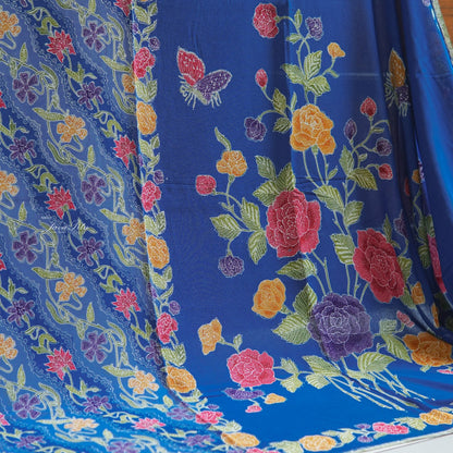 JavaPitu - Sarung Batik Cap Rayon Paris Handmade - Bunga Mawar IndigoHarmony