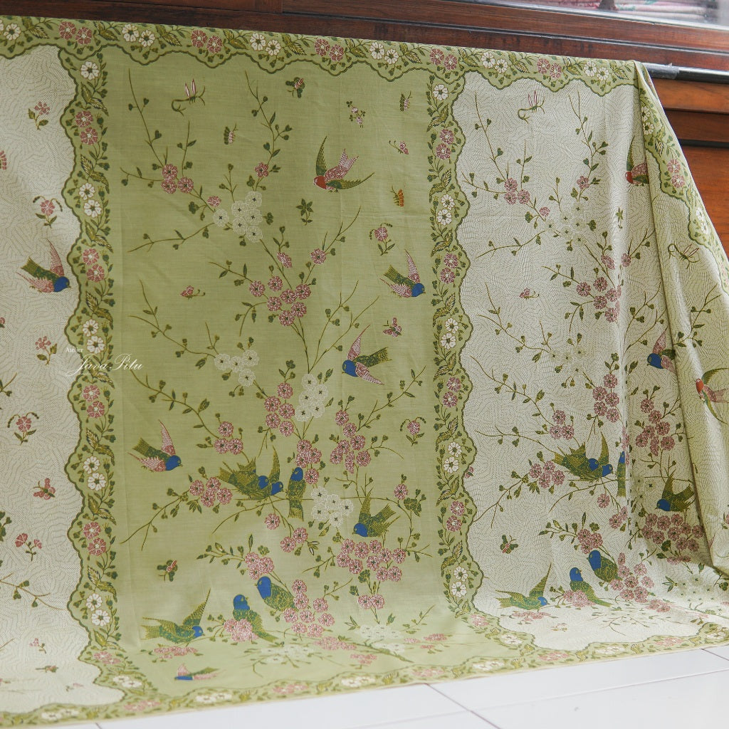 JavaPitu Kain Batik Katun Premium Bunga Sakura Warna Sage, Halus Nyaman Ukuran 200×105 cm - 6458