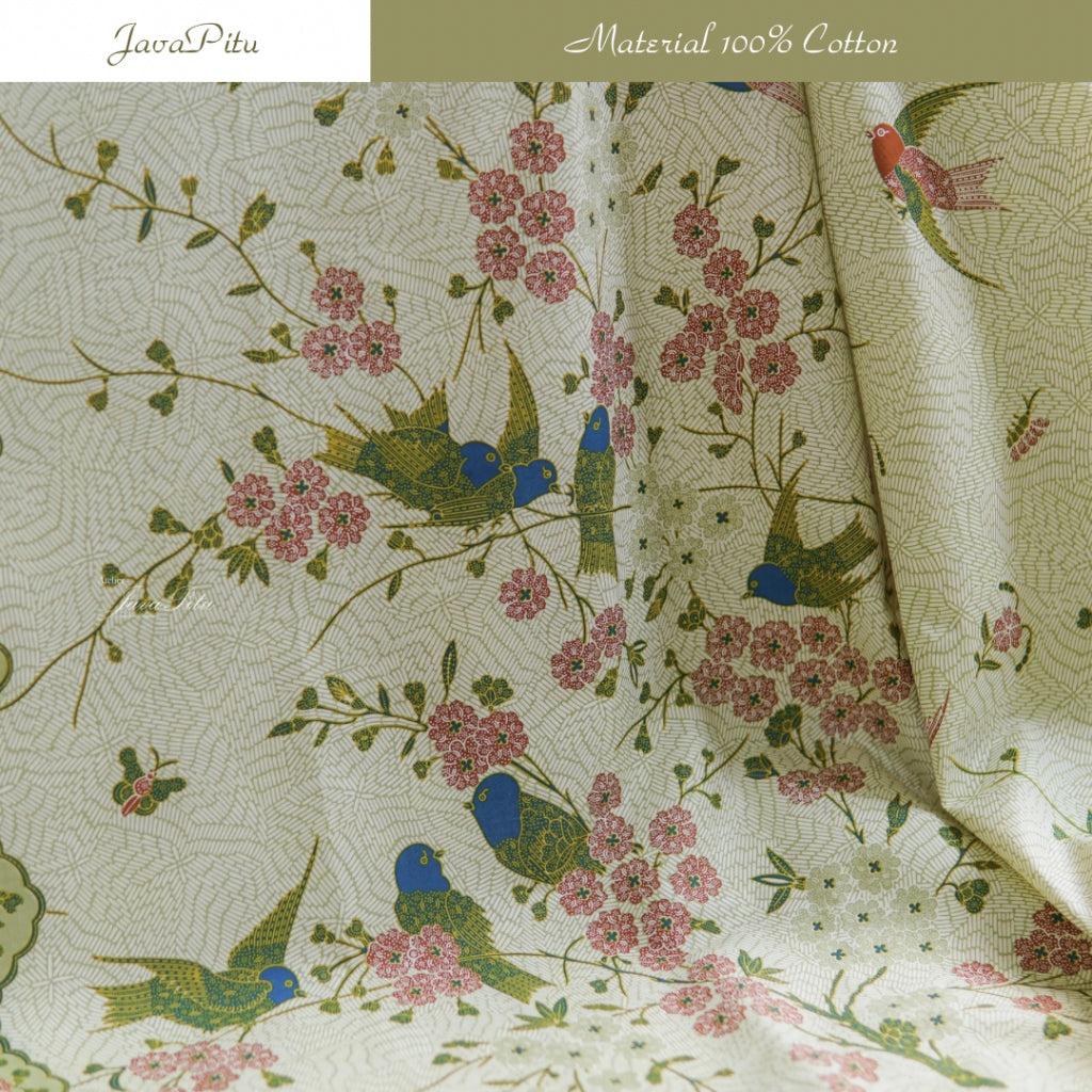 JavaPitu Kain Batik Katun Premium Bunga Sakura Warna Sage, Halus Nyaman Ukuran 200×105 cm - 6458
