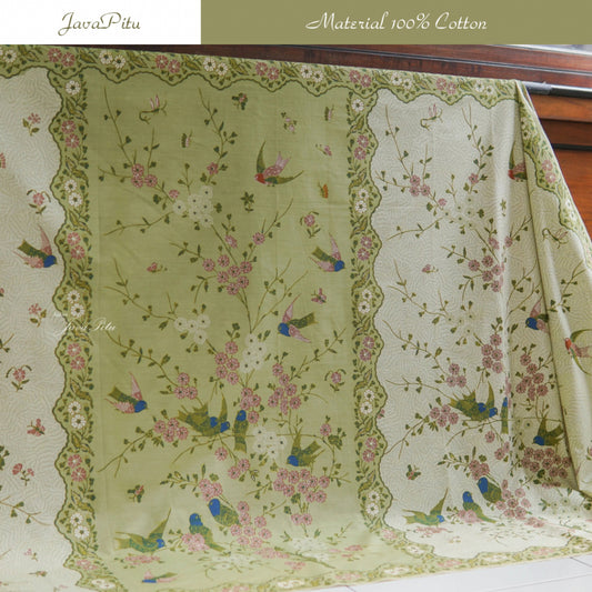 JavaPitu Kain Batik Katun Premium Bunga Sakura Warna Sage, Halus Nyaman Ukuran 200×105 cm - 6458