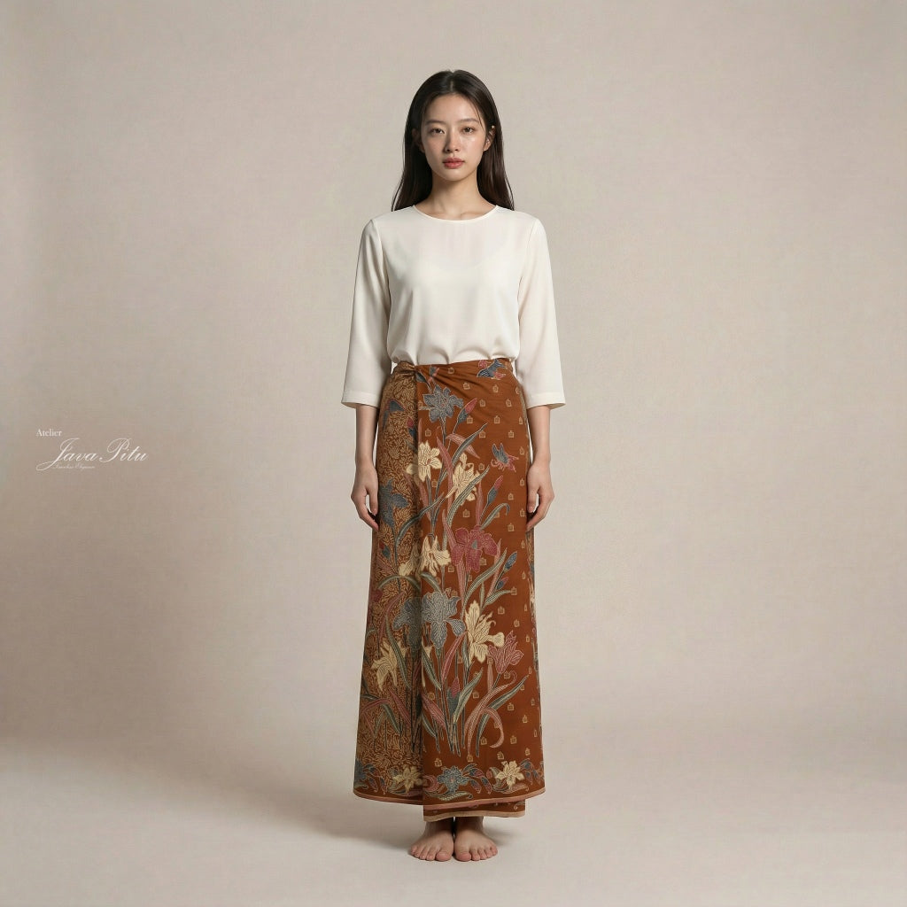 JavaPitu Rok Lilit - Kain Batik katun Premium Bunga Iris Flower Coklat soga - 2 meter - 6475