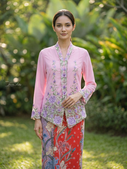 JavaPitu Kebaya Bordir halus Hand-made kerancang Bunga Magnolia Pink - Ukuran Jumbo - 6472