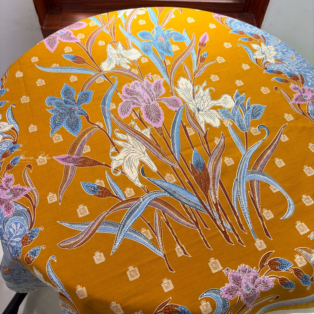 JavaPitu Rok Lilit - Kain Batik katun Premium Bunga Iris Flower kuning mustard Biru - 2 meter - 6475