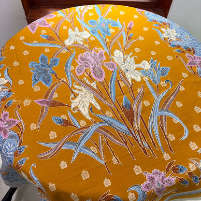 JavaPitu Rok Lilit - Kain Batik katun Premium Bunga Iris Flower kuning mustard Biru - 2 meter - 6475
