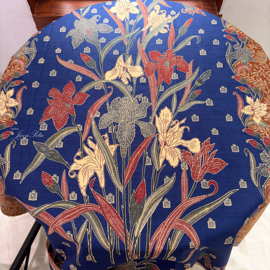 JavaPitu Rok Lilit - Kain Batik katun Premium Bunga Iris Flower Biru Navy coklat - 2 meter - 6475