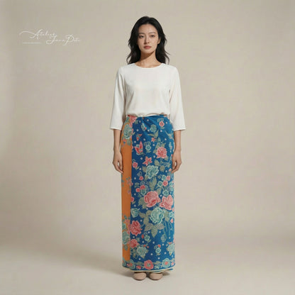 JavaPitu Rok Lilit Batik - Bahan katun Premium Taman laras Biru Orange, Halus 2 meter-6476