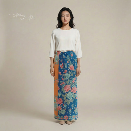 JavaPitu Rok Lilit Batik - Bahan katun Premium Taman laras Biru Orange, Halus 2 meter-6476