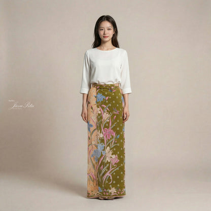 JavaPitu Rok Lilit - Kain Batik katun Premium Bunga Iris Flower Hijau Olive peach - 2 meter - 6475