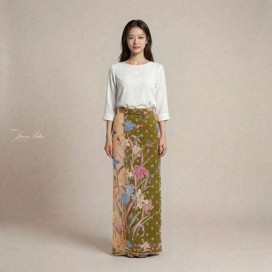 JavaPitu Rok Lilit - Kain Batik katun Premium Bunga Iris Flower Hijau Olive peach - 2 meter - 6475