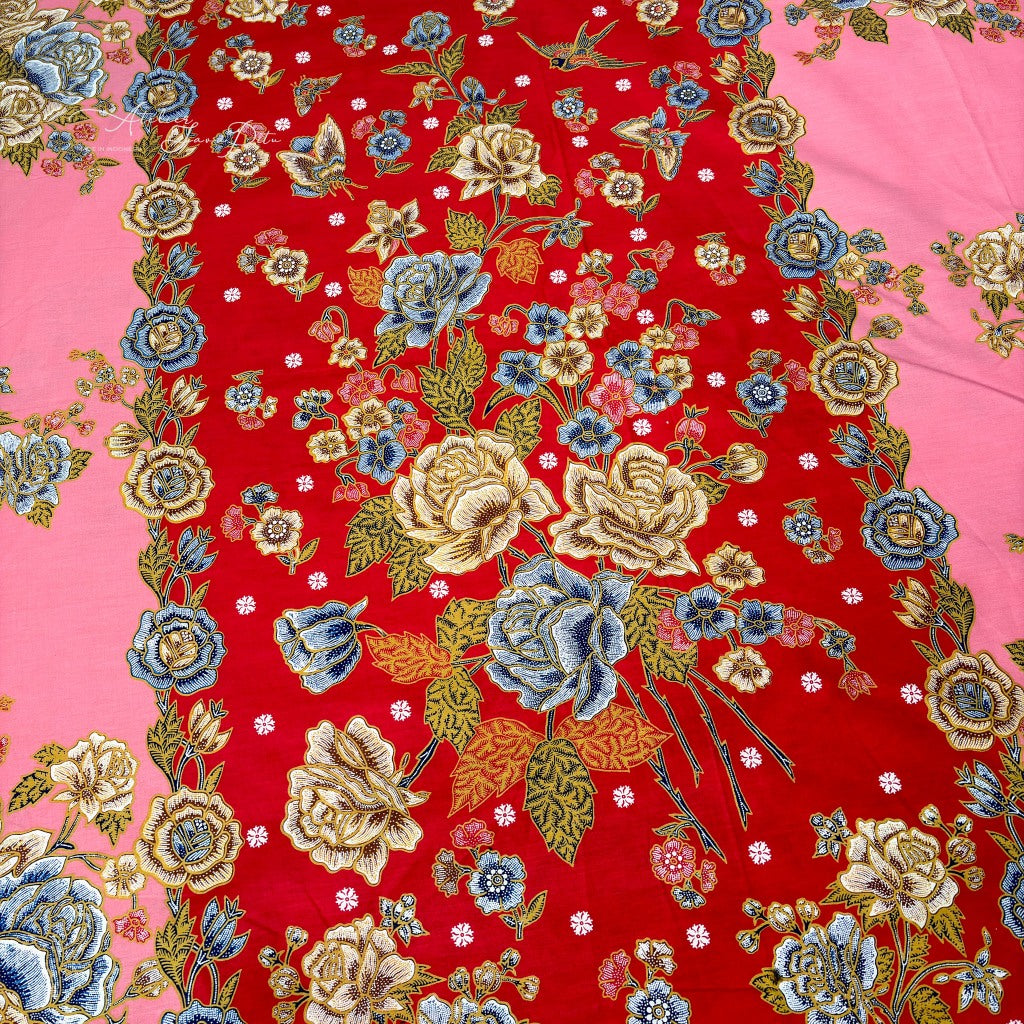JavaPitu Rok Lilit Batik - Bahan katun Premium Taman laras Merah Pink, Halus 2 meter-6476
