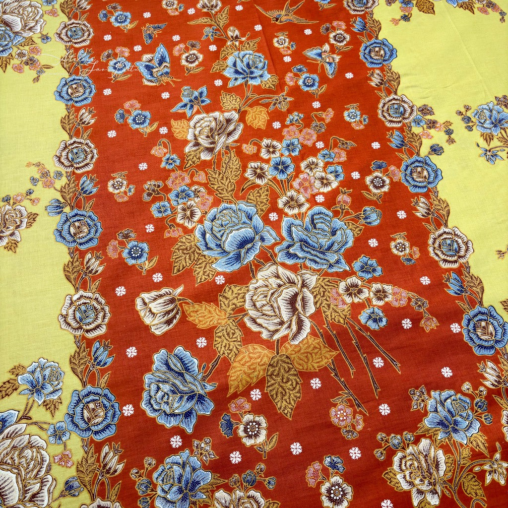 JavaPitu Rok Lilit Batik - Bahan katun Premium Taman laras Terracota Lime Yellow, Halus 2 meter-6476