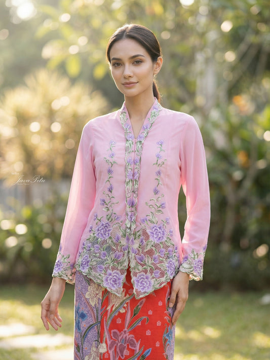 JavaPitu Kebaya Bordir halus Hand-made kerancang Bunga Magnolia Pink - Ukuran Jumbo - 6472