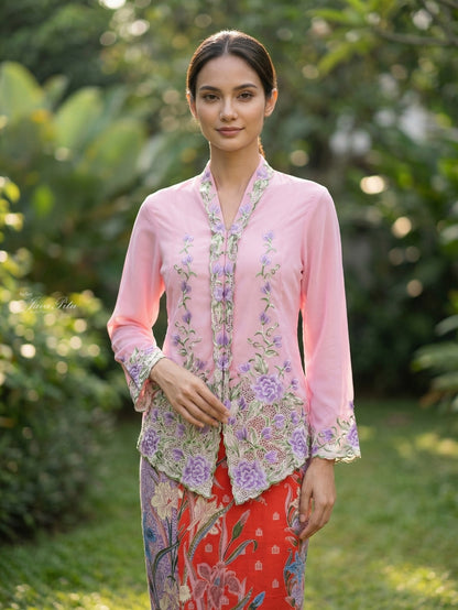 JavaPitu Kebaya Bordir halus Hand-made kerancang Bunga Magnolia Pink - Ukuran Jumbo - 6472