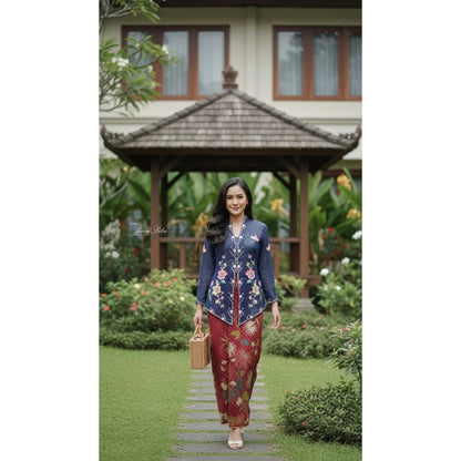 JavaPitu Kebaya Outer Katun voile Premium Pesona sekar navy - Ukuran Jumbo - 6357