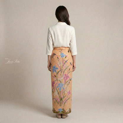JavaPitu Rok Lilit - Kain Batik katun Premium Bunga Iris Flower Hijau Olive peach - 2 meter - 6475