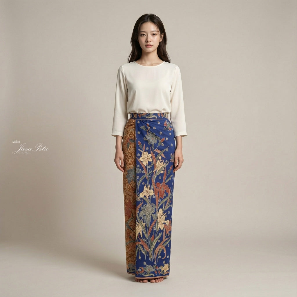 JavaPitu Rok Lilit - Kain Batik katun Premium Bunga Iris Flower Biru Navy coklat - 2 meter - 6475