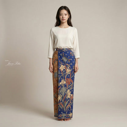 JavaPitu Rok Lilit - Kain Batik katun Premium Bunga Iris Flower Biru Navy coklat - 2 meter - 6475
