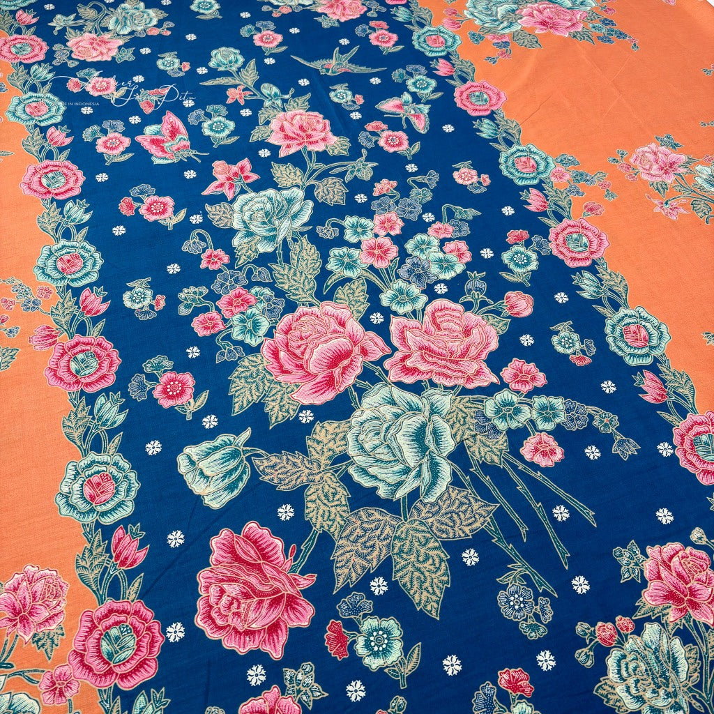 JavaPitu Rok Lilit Batik - Bahan katun Premium Taman laras Biru Orange, Halus 2 meter-6476