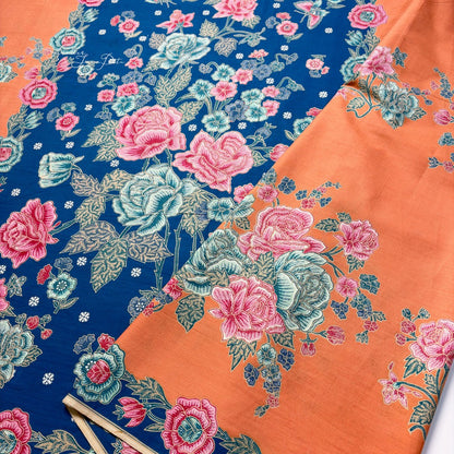 JavaPitu Rok Lilit Batik - Bahan katun Premium Taman laras Biru Orange, Halus 2 meter-6476