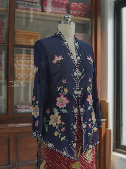JavaPitu Kebaya Outer Katun voile Premium Pesona sekar navy - Ukuran Jumbo - 6357