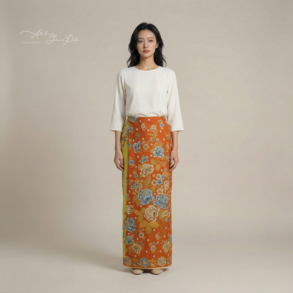 JavaPitu Rok Lilit Batik - Bahan katun Premium Taman laras Terracota Lime Yellow, Halus 2 meter-6476