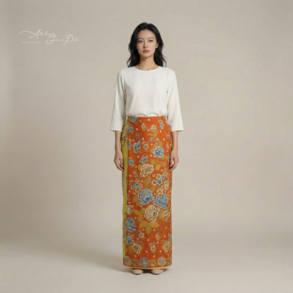 JavaPitu Rok Lilit Batik - Bahan katun Premium Taman laras Terracota Lime Yellow, Halus 2 meter-6476