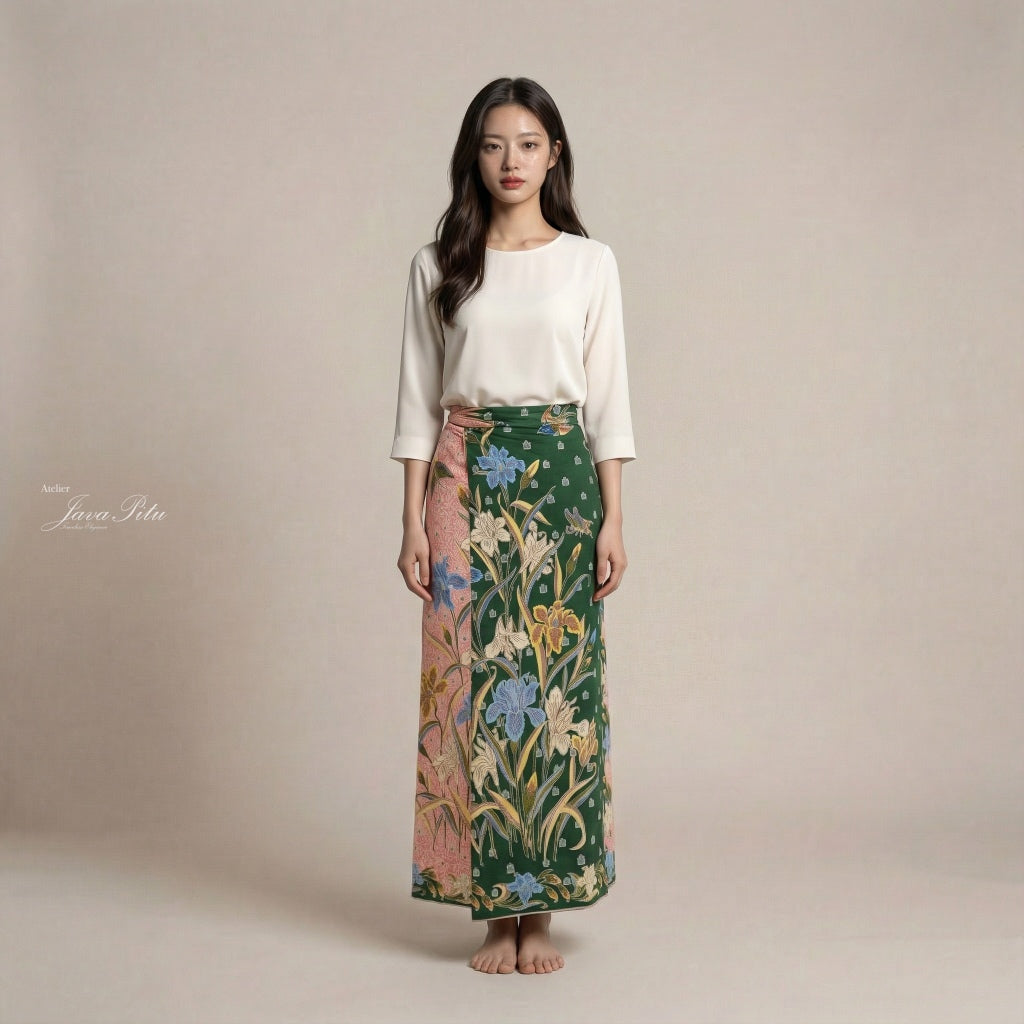 JavaPitu Rok Lilit - Kain Batik katun Premium Bunga Iris Flower Hijau Pink, Halus 2 meter - 6475
