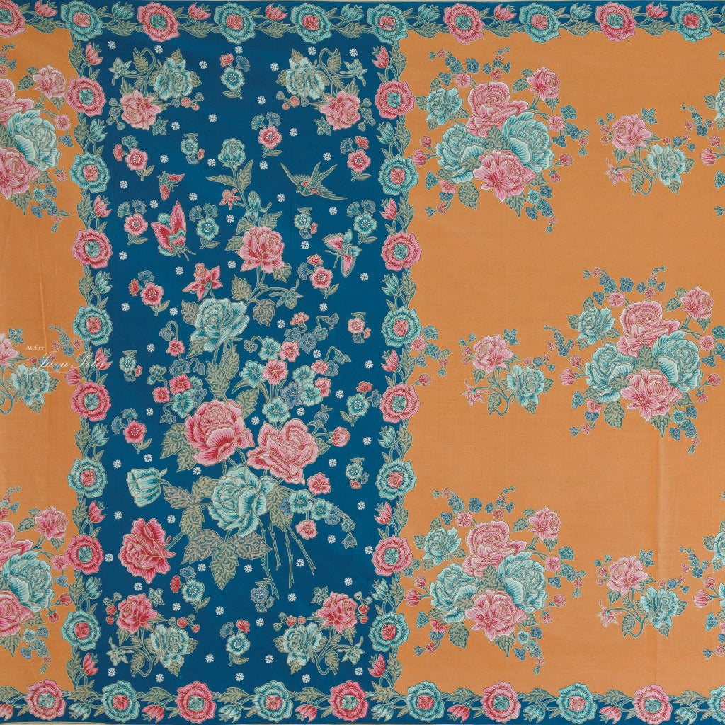 JavaPitu Rok Lilit Batik - Bahan katun Premium Taman laras Biru Orange, Halus 2 meter-6476