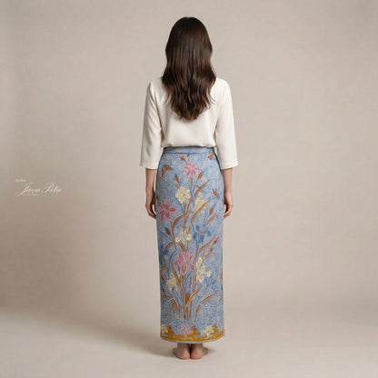 JavaPitu Rok Lilit - Kain Batik katun Premium Bunga Iris Flower kuning mustard Biru - 2 meter - 6475