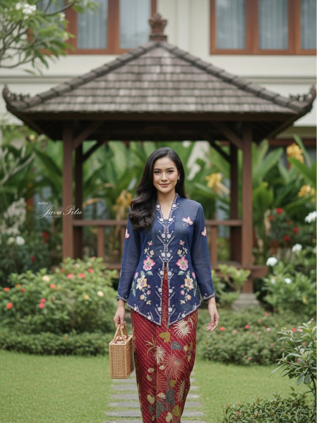 JavaPitu Kebaya Outer Katun voile Premium Pesona sekar navy - Ukuran Jumbo - 6357