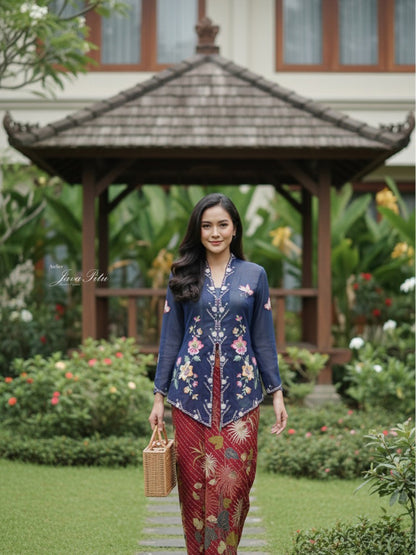 JavaPitu Kebaya Outer Katun voile Premium Pesona sekar navy - Ukuran Jumbo - 6357