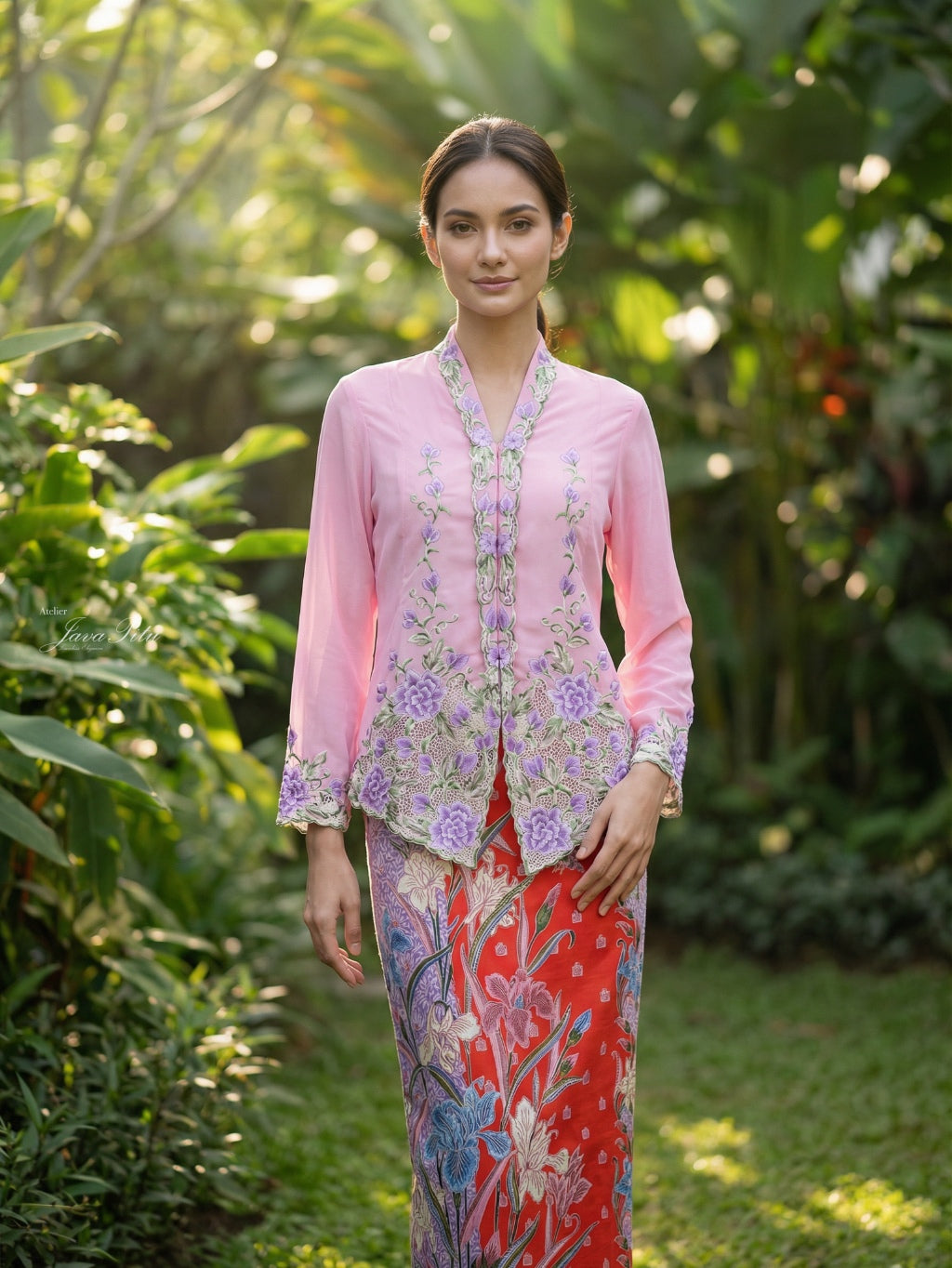 JavaPitu Kebaya Bordir halus Hand-made kerancang Bunga Magnolia Pink - Ukuran Jumbo - 6472