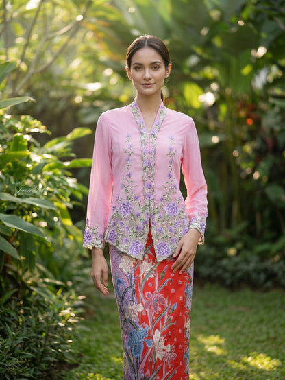 JavaPitu Kebaya Bordir halus Hand-made kerancang Bunga Magnolia Pink - Ukuran Jumbo - 6472