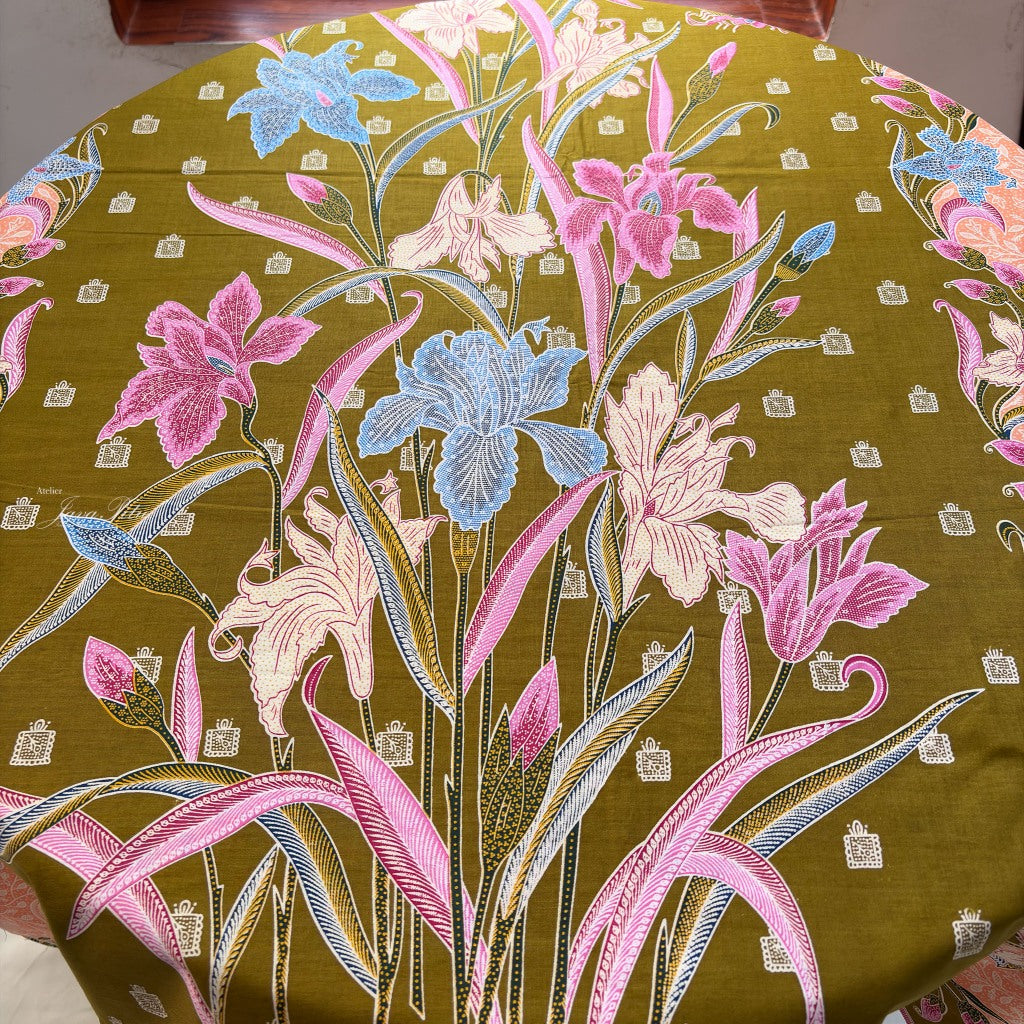 JavaPitu Rok Lilit - Kain Batik katun Premium Bunga Iris Flower Hijau Olive peach - 2 meter - 6475
