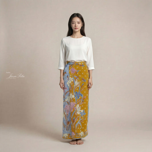 JavaPitu Rok Lilit - Kain Batik katun Premium Bunga Iris Flower kuning mustard Biru - 2 meter - 6475